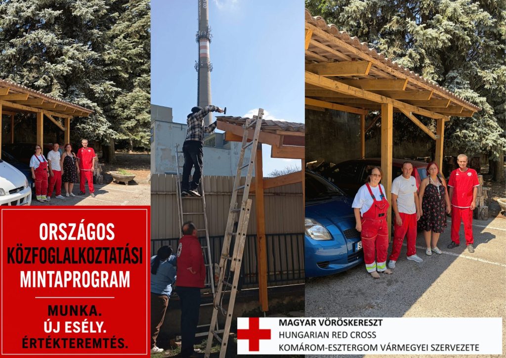 Az Országos Közfoglalkoztatási Mintaprogram munkatársai és a megújult fedett beálló, tetőfedési munkával.